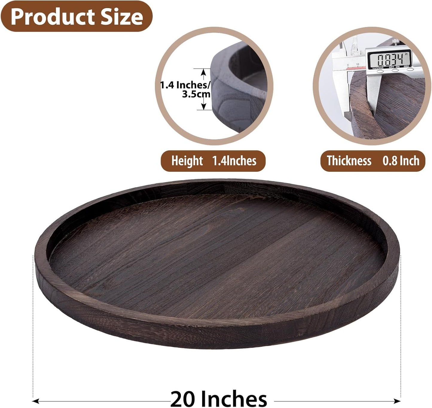 Round Ottoman Tray for Coffee Table Living Room Wood Serving Tray Large Wooden 20 Inches Rustic Brown