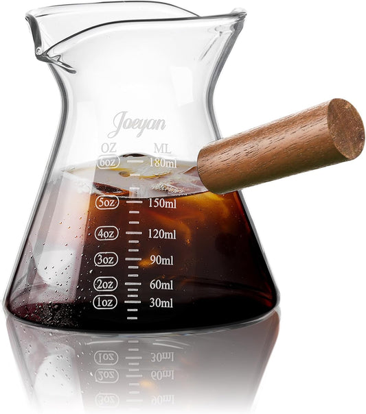 Joeyan 6 oz Glass Measuring Cup with Double Spouts,Clear Borosilicate Espresso Shot Glasses with Wooden Handle,Milk Creamer Frothing Pitcher Barista Coffee Carafe