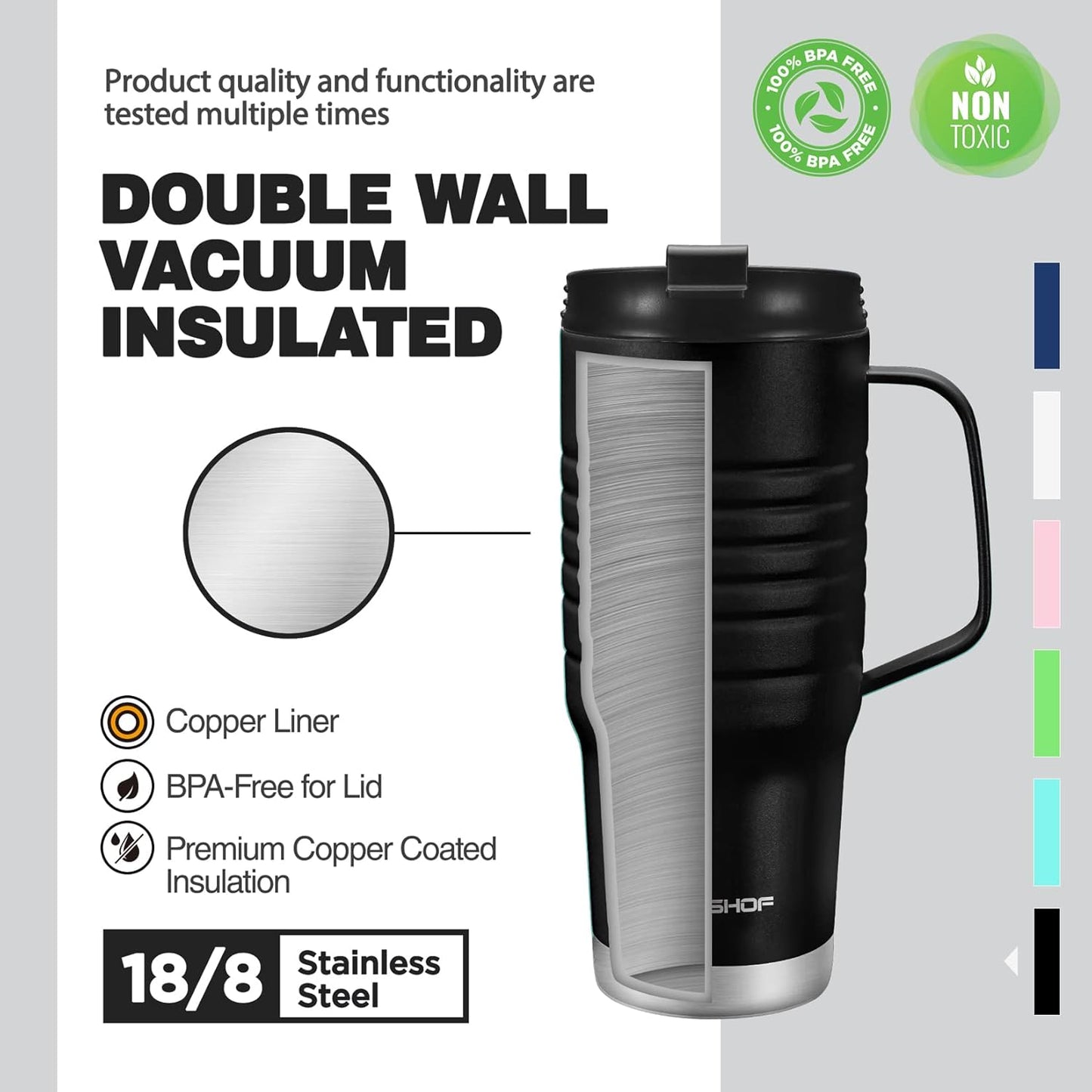 HAUSHOF 24 oz Travel Mug with Handle, Stainless Steel Vacuum Insulated, Double Wall with Leakproof Lid, BPA Free