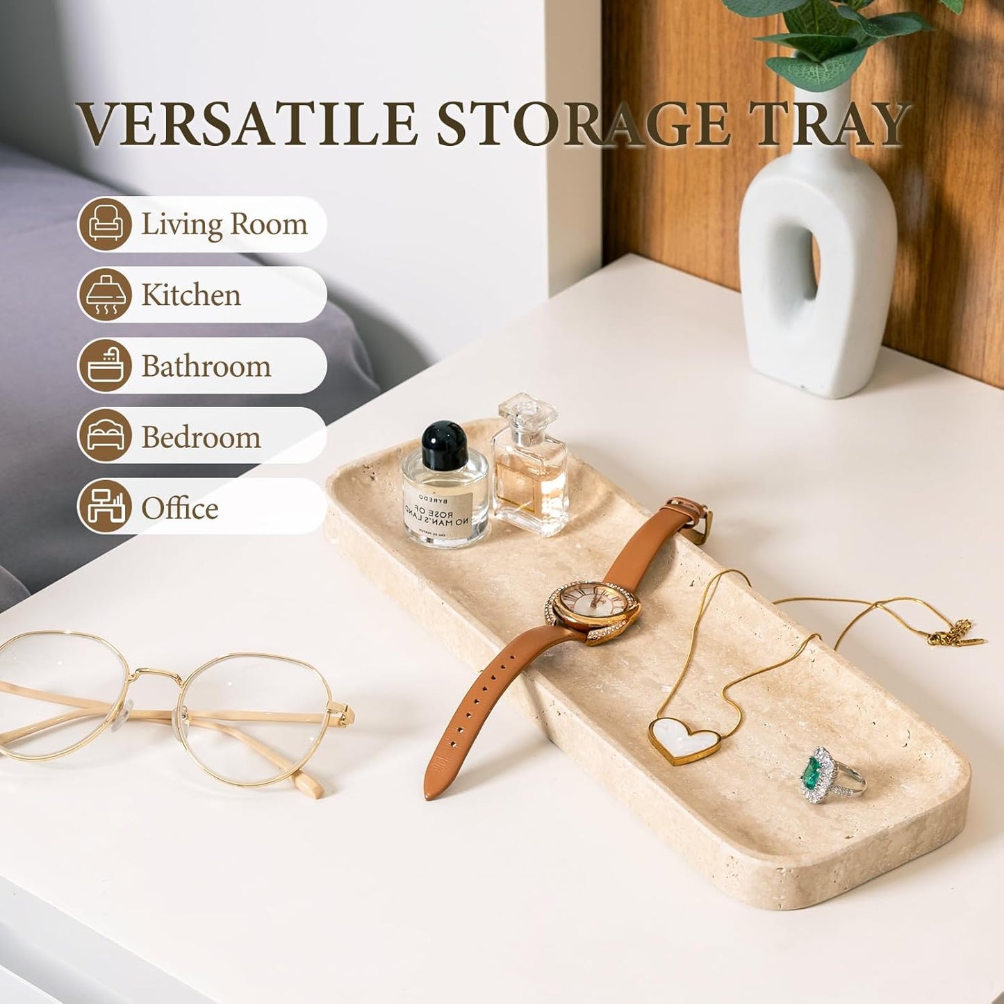 Koville Marble Tray, 12"x8" Marble Vanity Tray for Bathroom Kitchen Countertop, Rectangular Stone Tray for Cosmetics Perfume Trinket, Decorative Catchall Trays (12"x4"-Travertine)