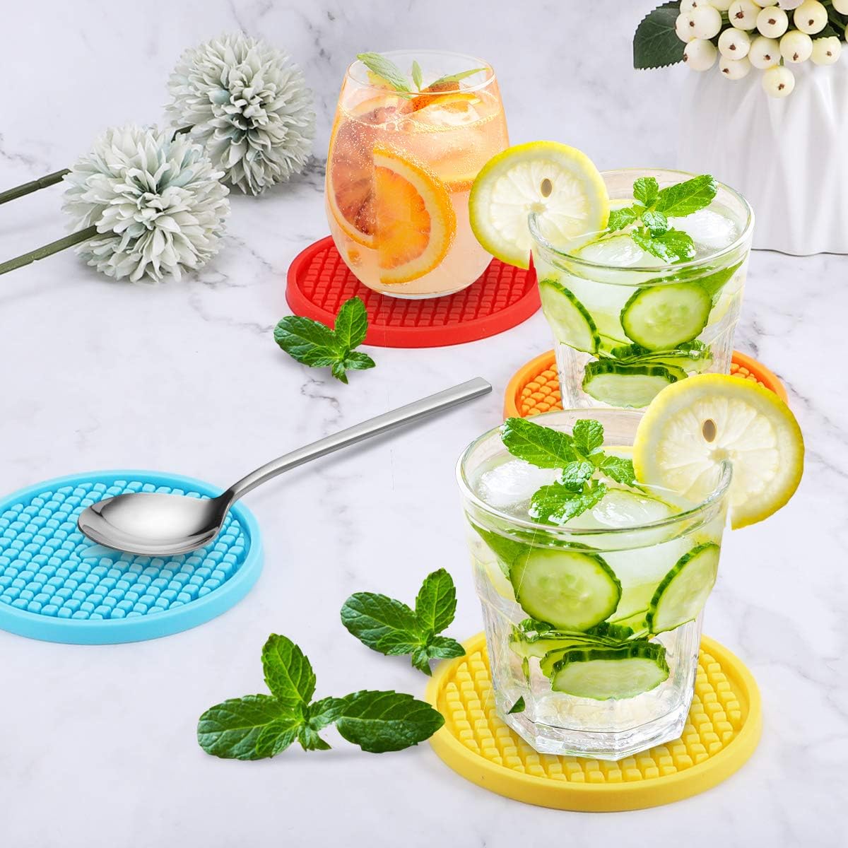 ME.FAN Silicone Coasters [6 Pack] Thickened Drink Coasters with Holder - Cup Mat - Non-Slip, Non-stick, Stay Put, Deep Tray - Prevents Furniture and Tabletop Damages(Yellow)