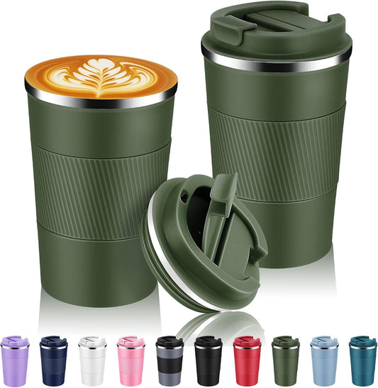 Volhoply 13 oz Stainless Steel Insulated Travel Coffee Mug with Fip Lid Bulk 2 Pack,Reusable Double Wall Vacuum Metal Coffee Cup,Portable Leak Proof Thermal Tumbler for Hot & Cold Drinks(Army Green,2)