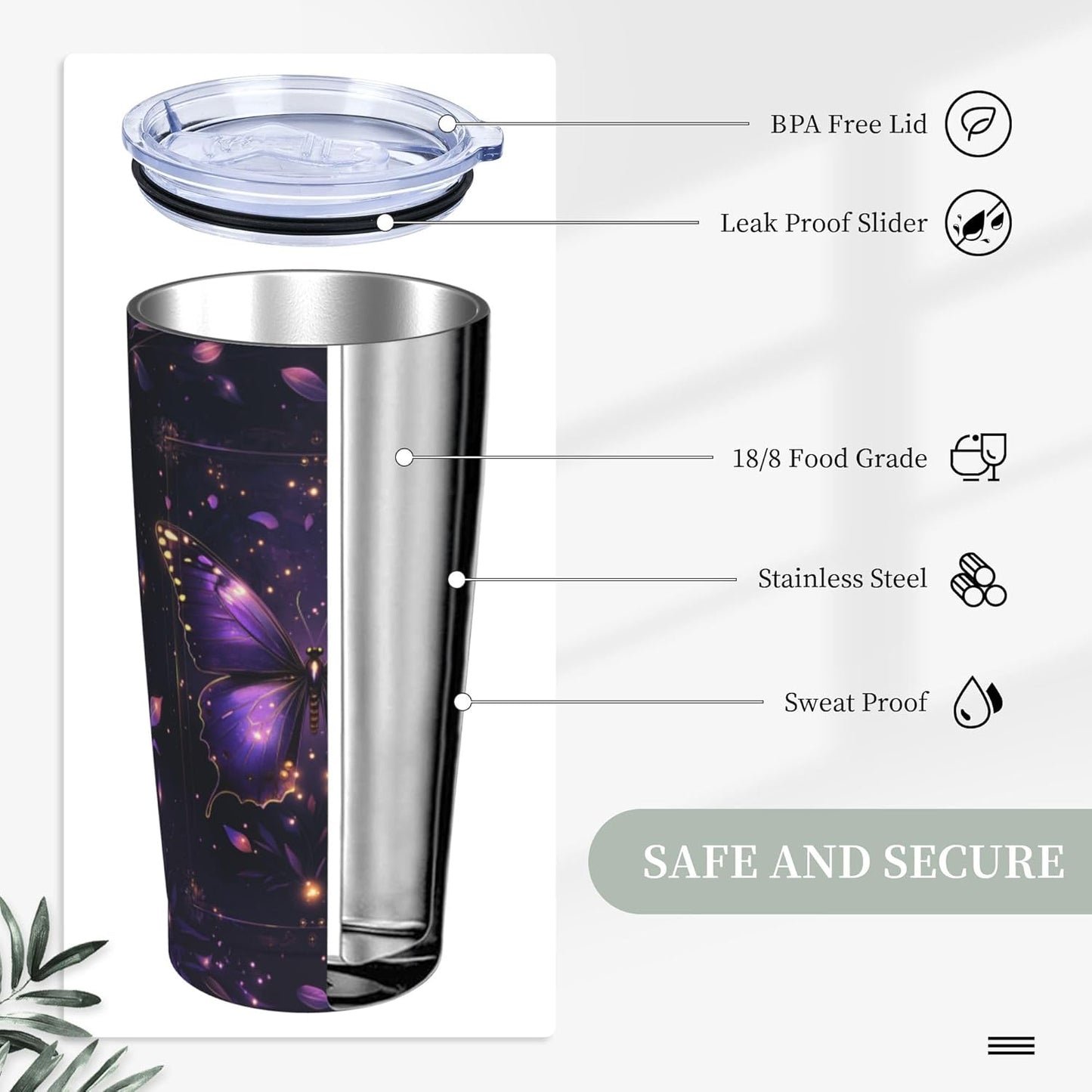 Butterfly Tumbler with Lid and Straw 20oz Coffee Tumblers Leakproof Stainless Steel Travel Mug Vacuum Insulated Cup for Iced and Hot