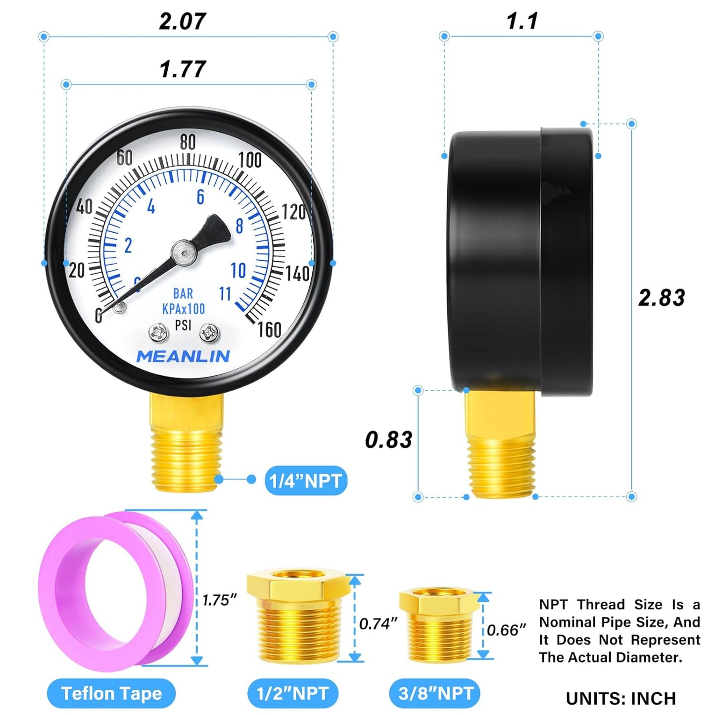MEANLIN MEASURE 0-160Psi 2" DIAL FACE 1/4" NPT Well Pump Pressure Gauge, with 1/2" NPT and 3/8" NPT Hex Bushing, 3-2-3% Accuracy, Lower Mount