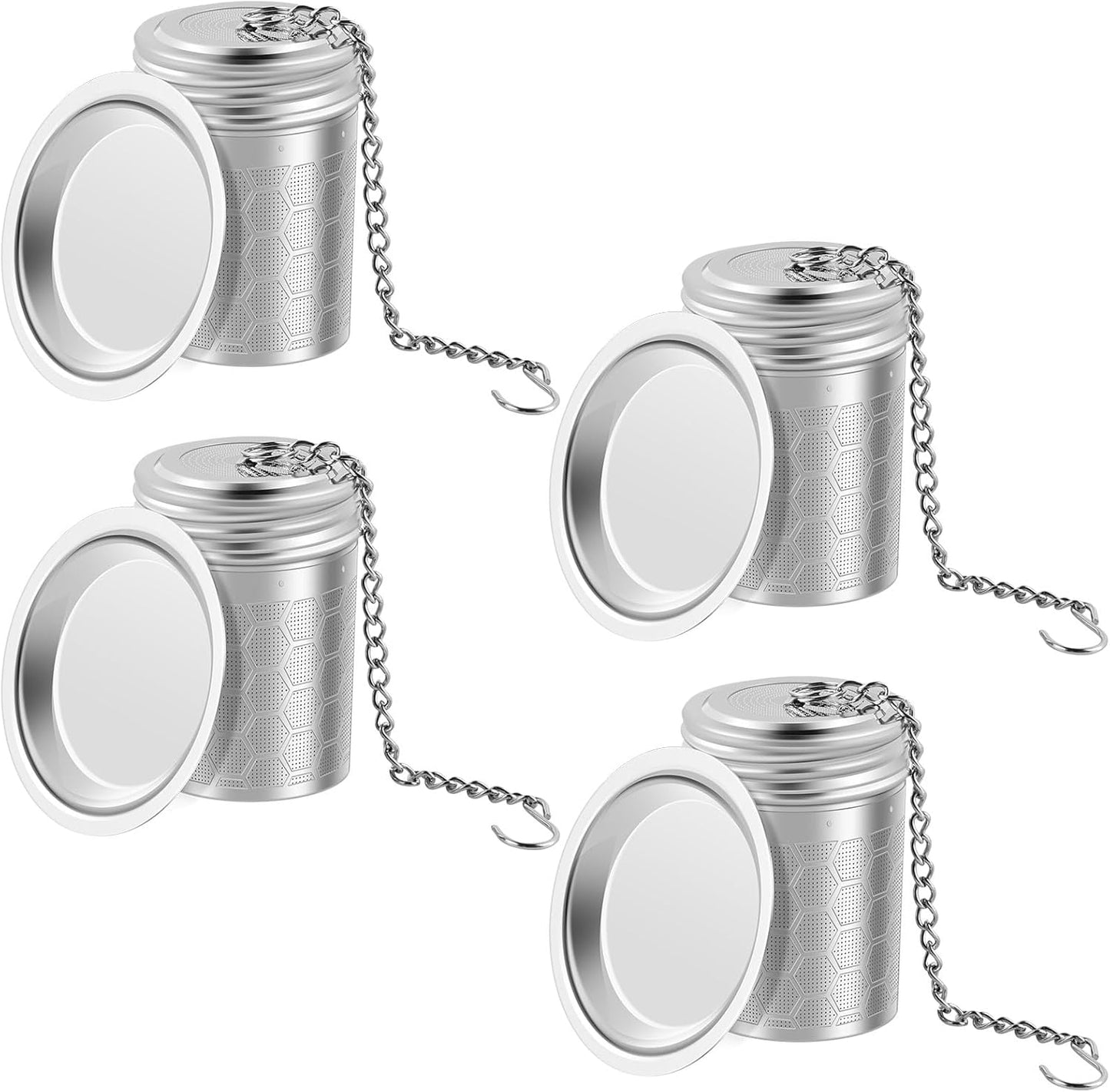 Tea Infuser Strainers with Drip Tray 304 Stainless Steel Tea Filter Strainer with Chain Hook Fine Mesh Tea Infuser Steeper Reusable Tea Strainers Easy to Use for Loose Tea Mulling Spices (Silver 4PCS)