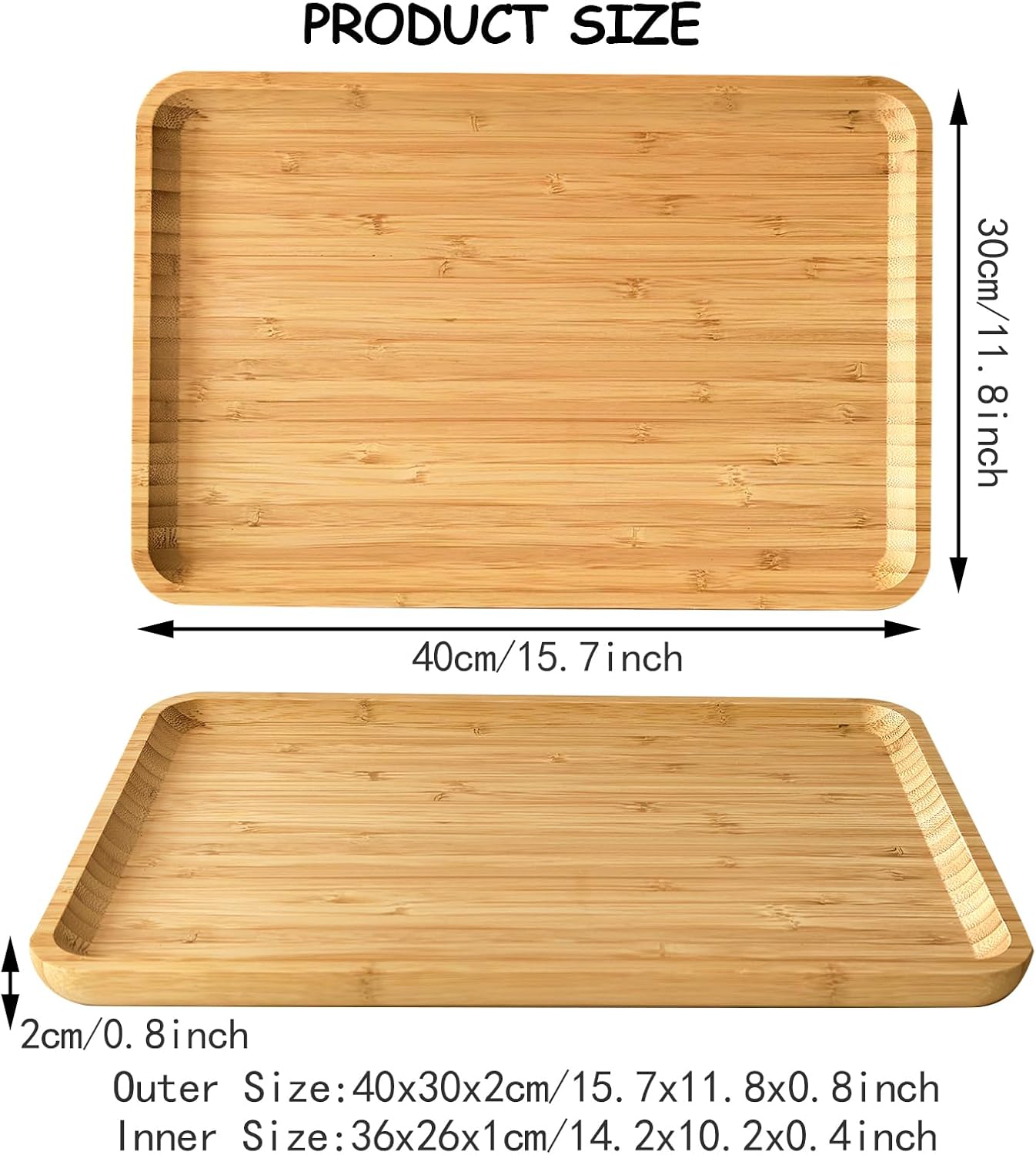 Bamboo Serving Tray Rectangle Platter Breakfast Dinner Food Bed Tray for Eating Kitchen Restaurants (1, 15.7" x 12.8" x 0.8" (no Handle))