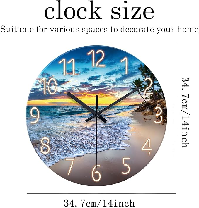 Beach Clocks Wall Decor Glass Modern Coastal Wall Clock Silent Non Ticking Blue - Image 5