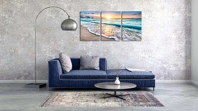 Wieco Art 3 Panels Blue Beach Sunrise White Wave Pictures on Canvas Wall Art - Image 3