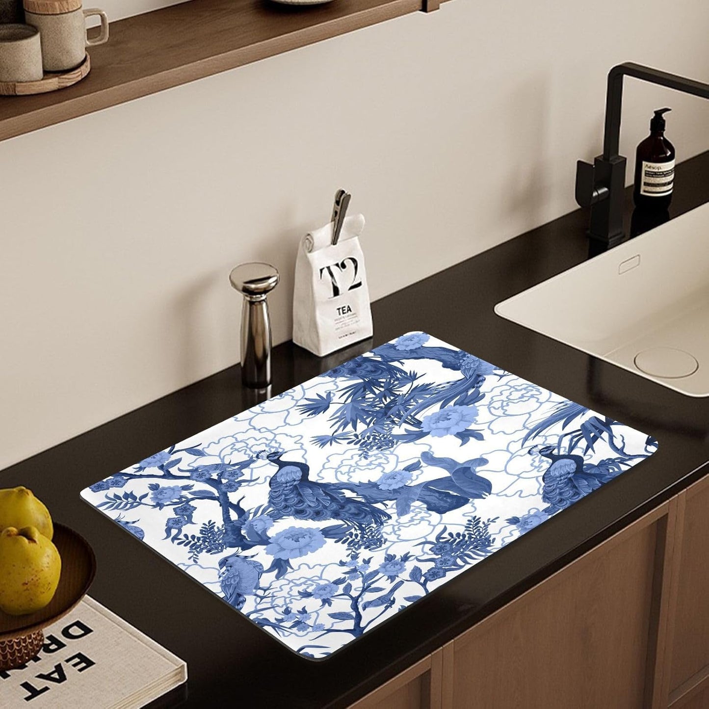 Blue Peacocks Birds Coffee Bar Mat, Rubber Backing, Dish Drying Mat for Kitchen Counter, Absorbent Coffee Maker Mats for Countertop, Heat Resistant, Coffee Flavor Menu,15.7"x11.8 " Small