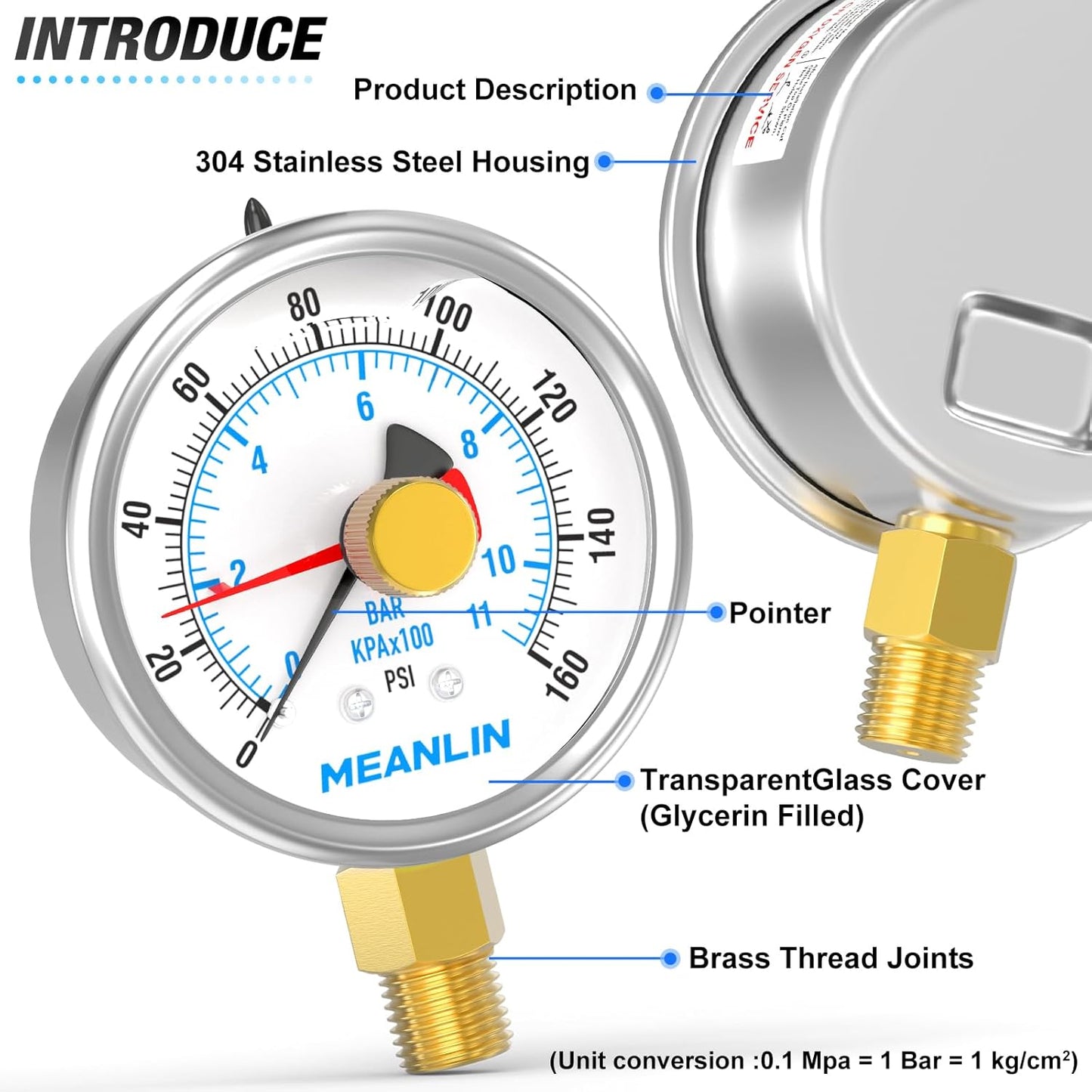 MEANLIN MEASURE 0~160Psi Stainless Steel 1/4" NPT 2.5" FACE DIAL with Reset Pointer Liquid Filled Pressure Gauge WOG Water Oil Air, Lower Mount, with 1/8" x 1/4" NPT and 1/8" x 3/8" NPT Hex Bushing