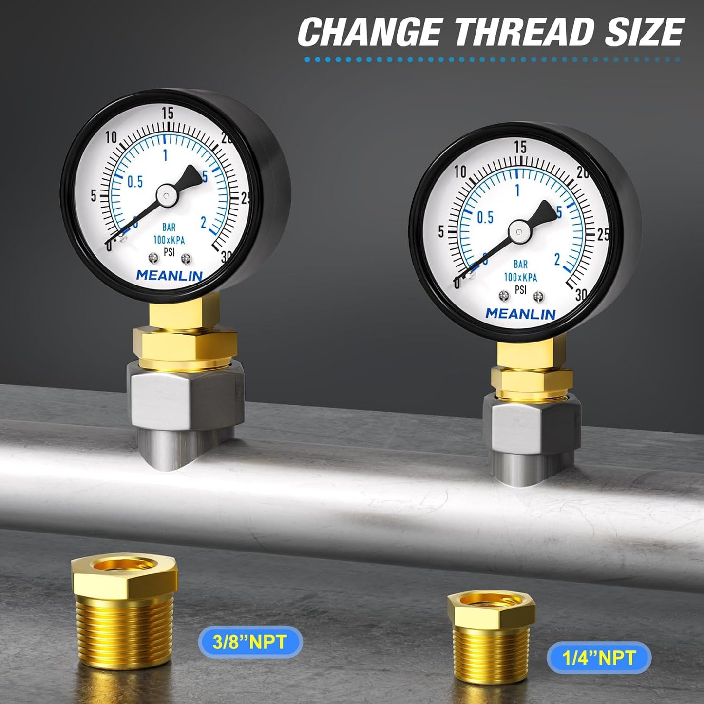 MEANLIN MEASURE 0-30Psi 2" DIAL FACE 1/8" NPT Well Pump Pressure Gauge, with 1/4" NPT and 3/8" NPT Hex Bushing, 3-2-3% Accuracy, Lower Mount