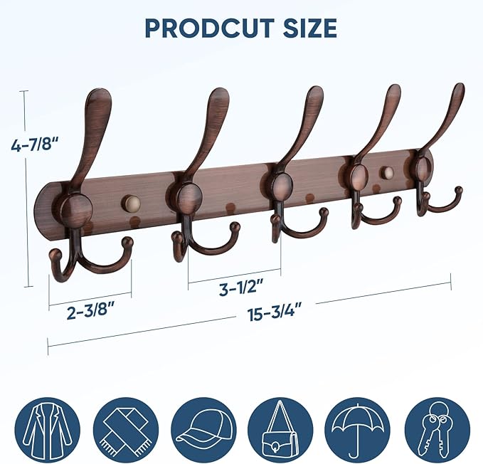 TICONN Wall Mounted Coat Rack, Five Heavy Duty Tri Hooks All Metal Construction - Image 2