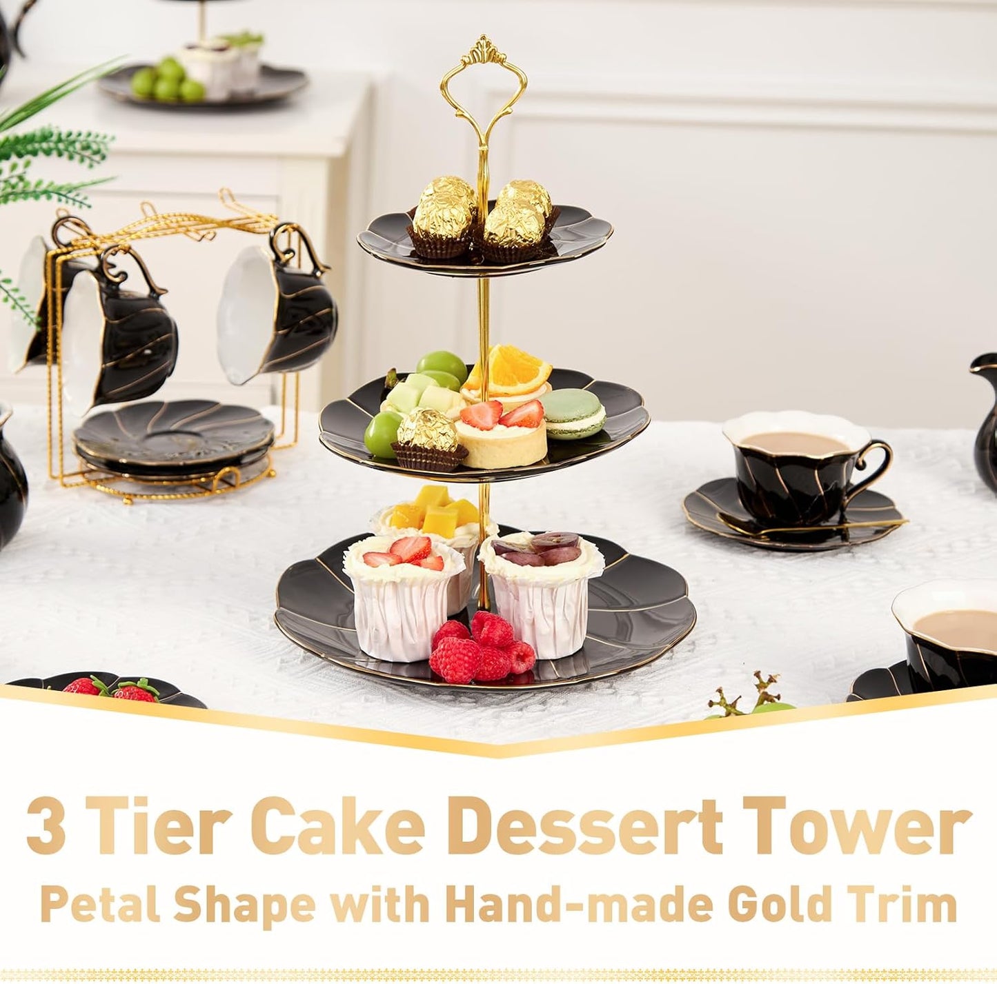 DUJUST Luxury Porcelain 3-Tier Cupcake Stand Tower, British Style Serving Tray with Golden Trim, Food Grade Dessert Display Stand, Beautiful Gift for Tea Party & Home Décor - Black