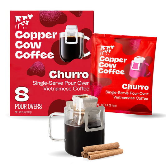 Copper Cow Premium Pour Over Single-Serve Vietnamese Coffee | Churro | Dark Roast | Flavored with Real Cinnamon | Includes 8 Coffees