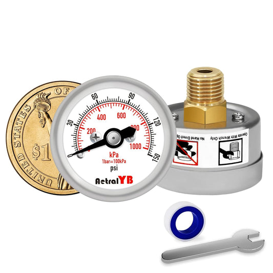 150Psi/1000Kpa Mini Pressure Gauge,Stainless Steel Housing,Brass Internal,1.2 Inch Dial,NPT 1/8" Back Mount,Dry Type, Lead-Free Material,for Air,Water,Oil Pressure Test