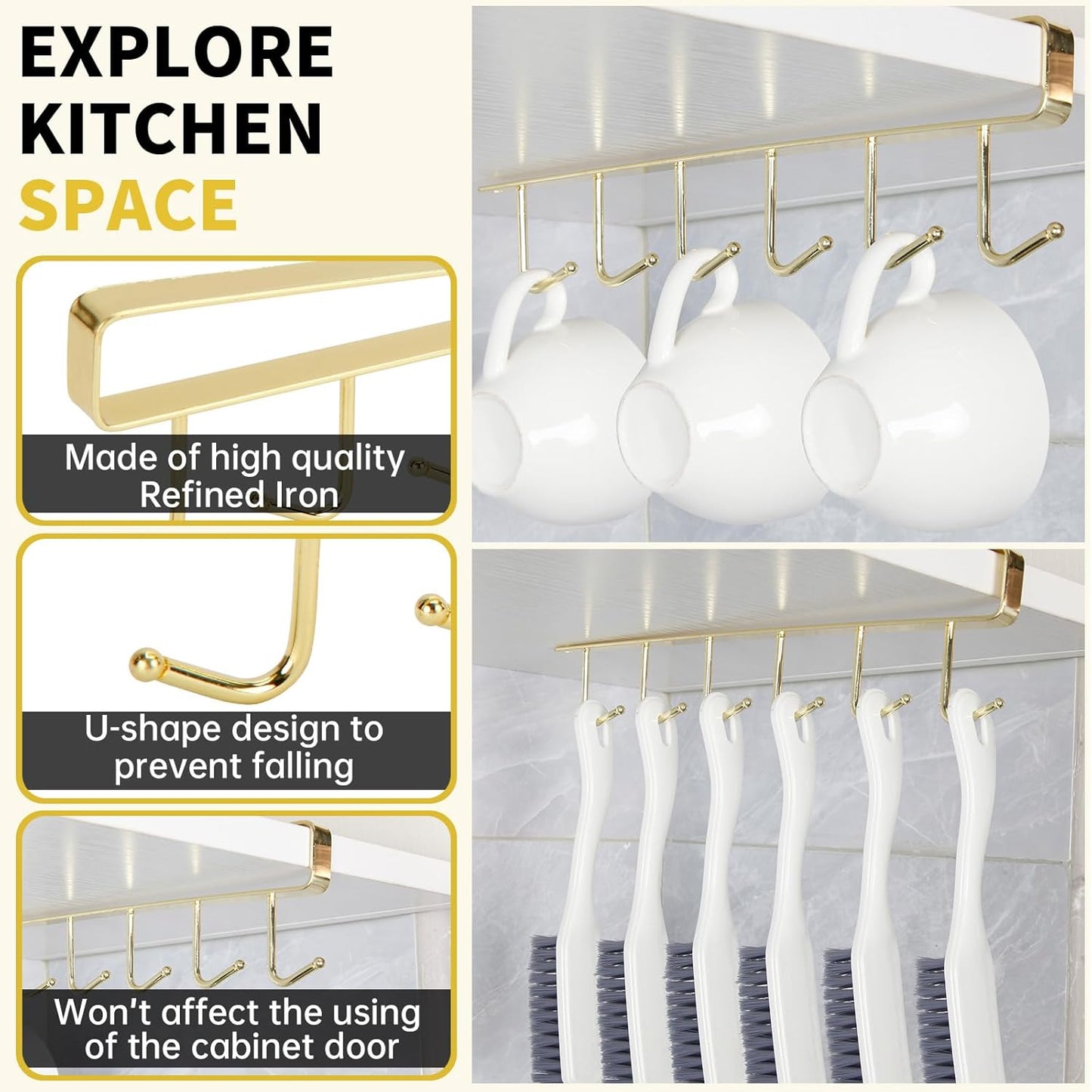 2pcs Mug Organizer for Kitchen Cabinets,Under-Shelf Coffee Cup Mug Rack with 6 Hooks,Fit for 1.1 Inch Thickness Shelf or Less,Suitable for Holder Hanger for Cups/Keys Storage/Scarf.Gold