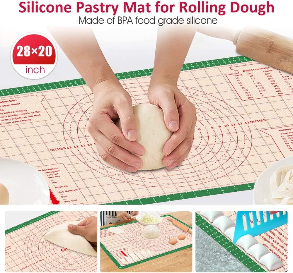 Pastry Baking Mat 28x20 Inch - Larger Silicone Baking Pastry Mat for Rolling Dough,Non Silp Silicon Dough Sheet Mat with Measurement,Perfect for Making Pie,Pizza(Green)