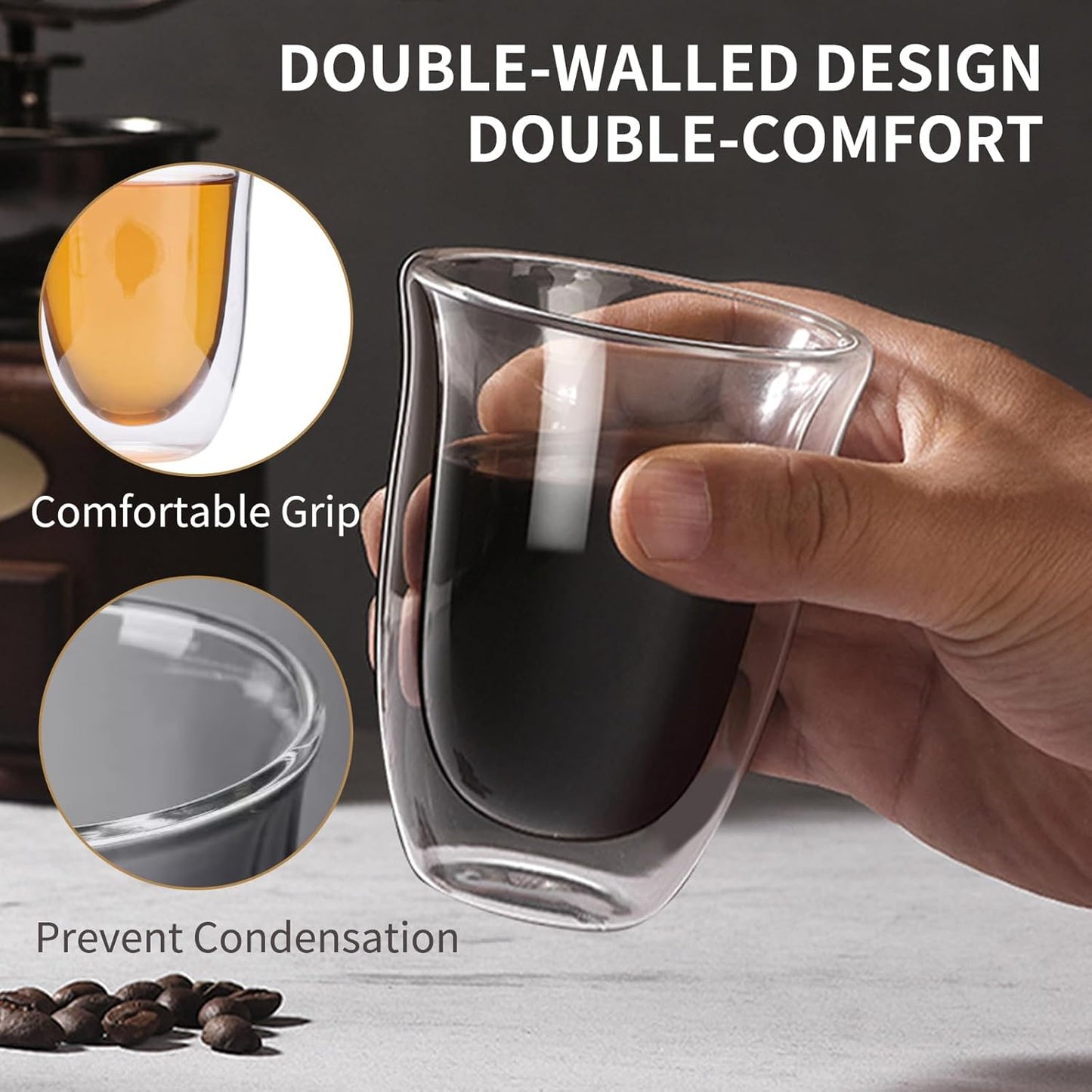 12OZ Large Double Wall Glass Cups, Clear Mugs, Espresso Cups Set of 2 Clear Expresso Shots Cup, Double Wall Insulated Espresso Mugs, Tazas de Cafe Expreso, Microwave Dishwasher Safe 330ML
