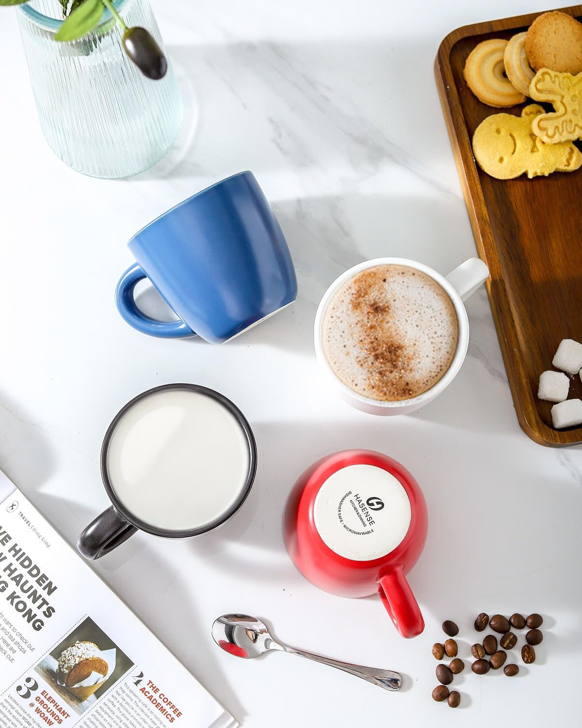 Hasense 7 Ounce Cappuccino Cups Set of 4 Perfect for Latte, Americano, Cafe Mocha and Tea, Ceramic Coffee Cups Ideal for Party Cafe Home and Kitchen, Microwave and Dishwasher safe, Colorful