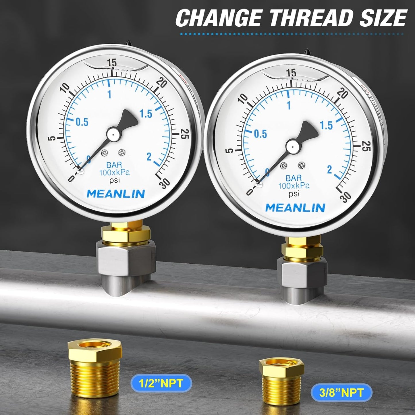 MEANLIN MEASURE 0~30Psi Stainless Steel 1/4" NPT 4" FACE DIAL Liquid Filled Pressure Gauge WOG Water Oil Air Lower Mount, with 1/2" NPT and 3/8" NPT Hex Bushing