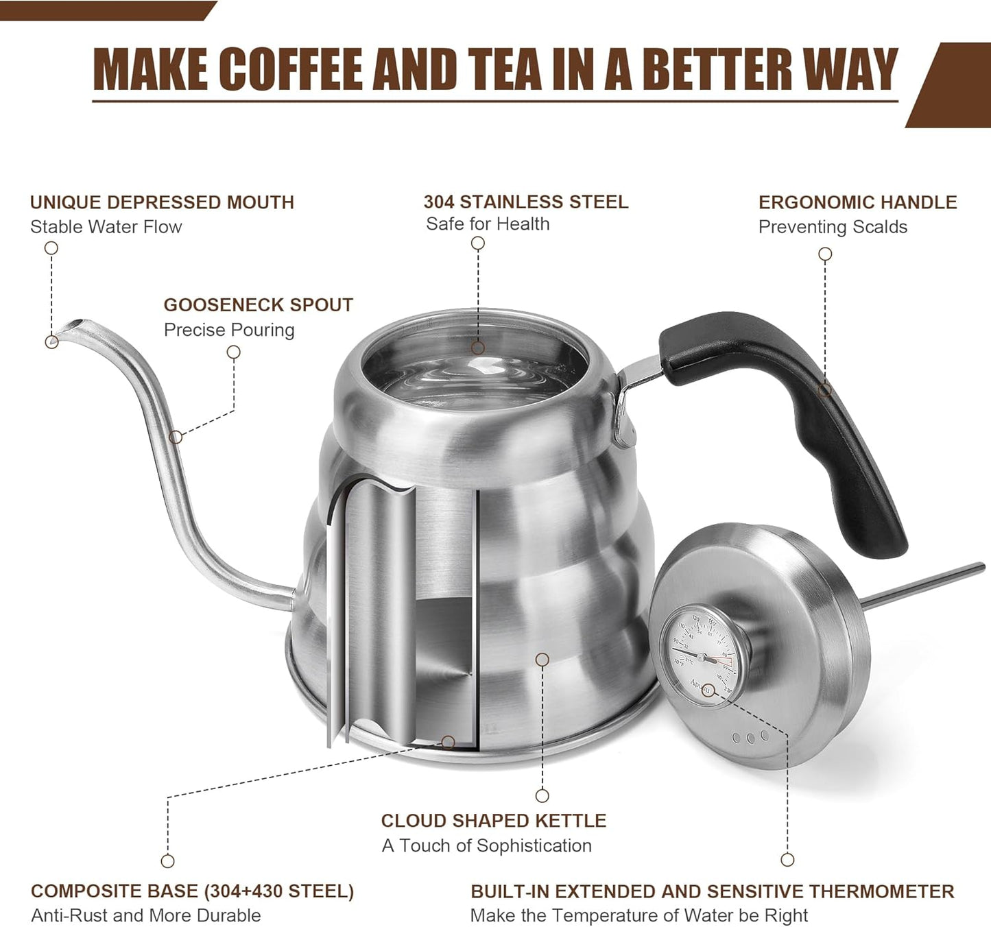 Gooseneck Kettle for Manual Drip Coffee & Tea 40oz Stainless Steel Pour Over Coffee Kettle with Thermometer Tea Kettle for Stovetop,1200ml,6 Cup,Silver,1Pack