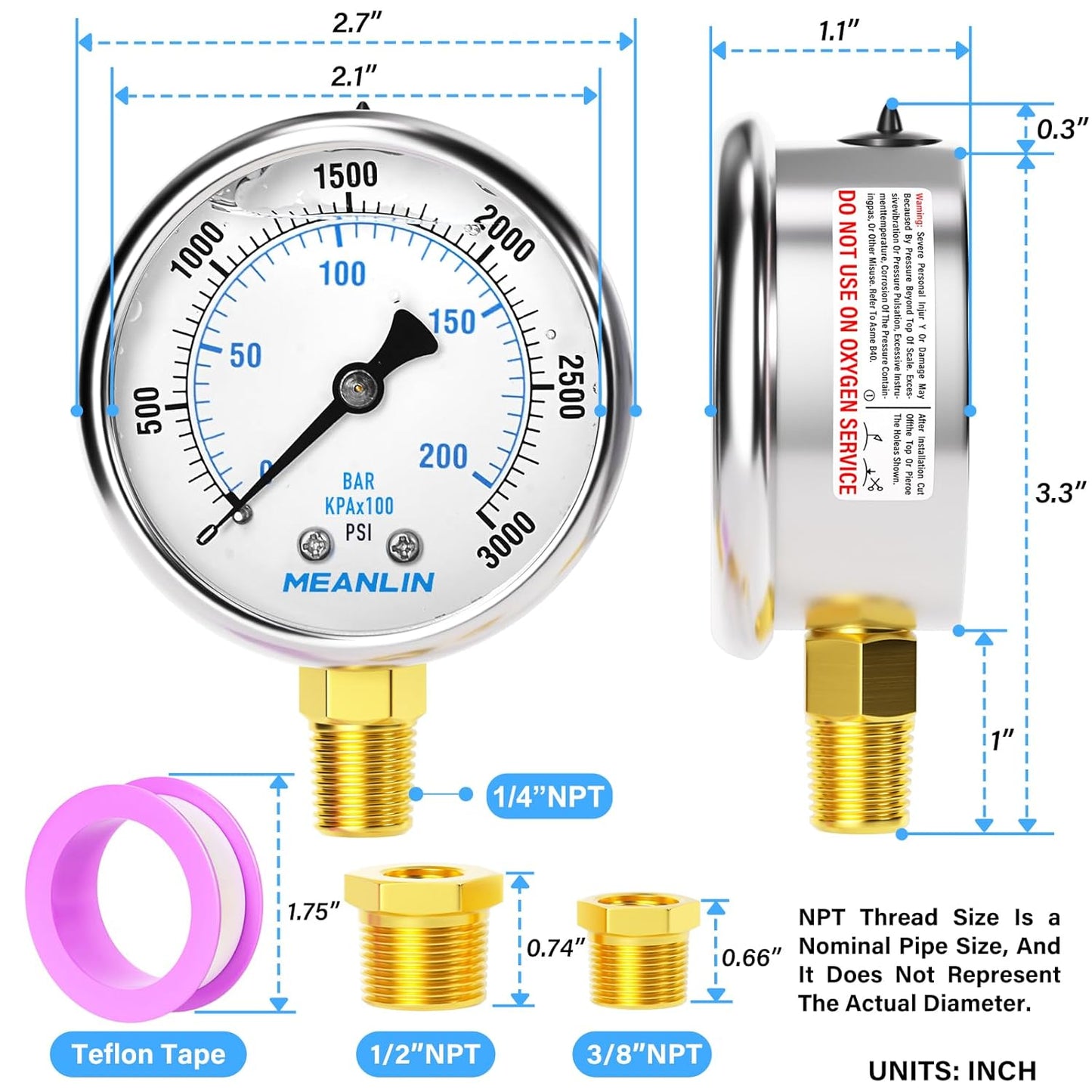 MEANLIN MEASURE 0~3000Psi Stainless Steel 1/4" NPT 2.5" FACE DIAL Liquid Filled Pressure Gauge WOG Water Oil Air Lower Mount, with 1/2" NPT and 3/8" NPT Hex Bushing