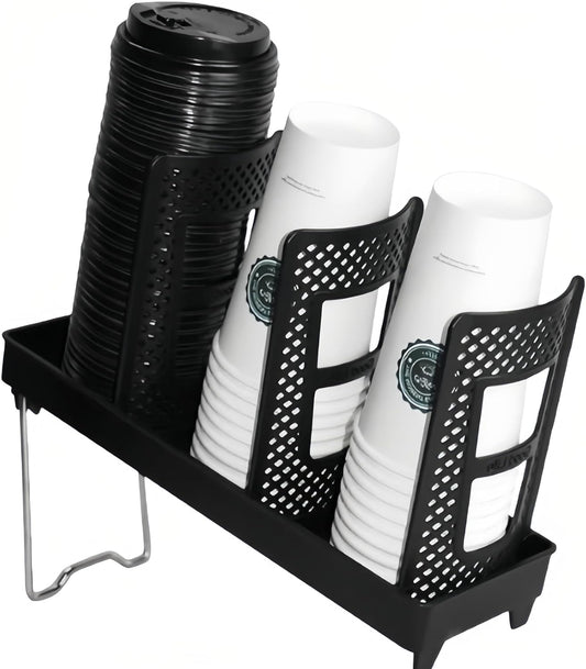Cup Lid Dispenser and Dispenser Organizer Cup Display Stand,24 oz Plastic Coffee Cup Holder for Countertop,3Slots,Cup Display Stand on Restaurant,Bathroom,Kitchen,Coffee Shop