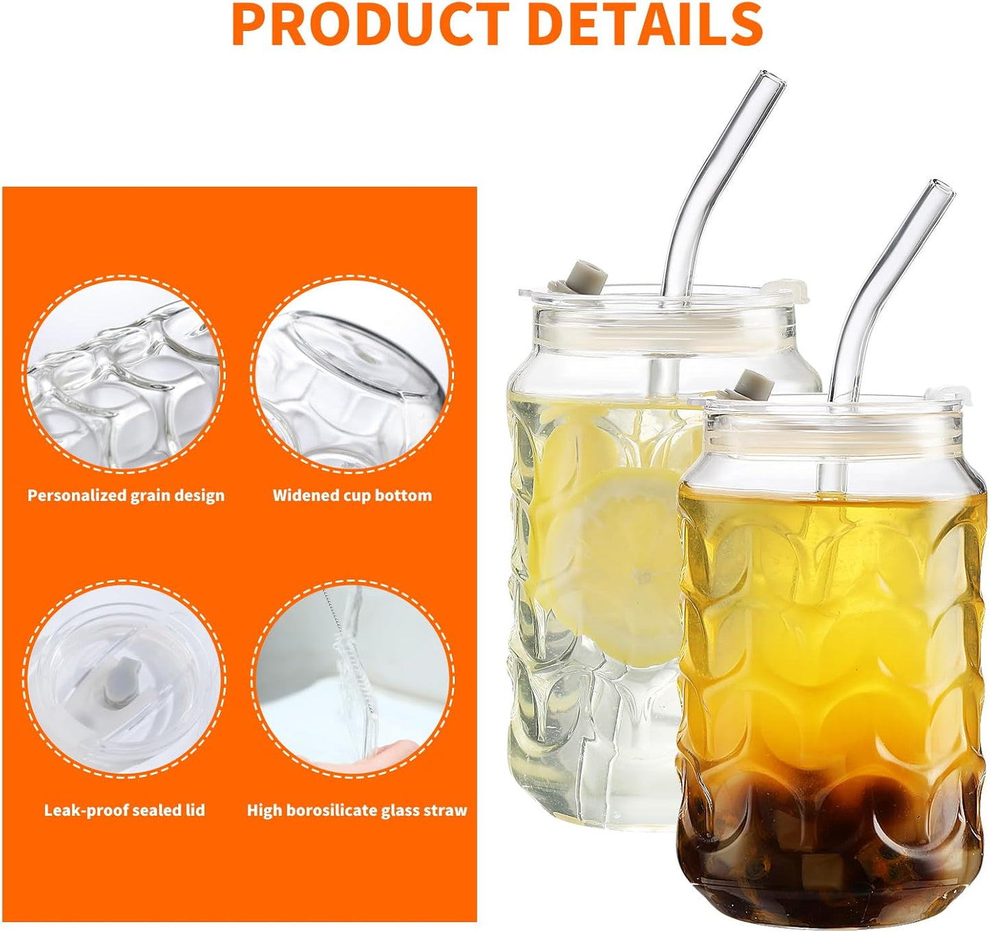 Jiuchen 4-Pack 18oz Borosilicate Glass Cups with Leakproof Lids & Straws,Multi-Use Tumblers for Office and Home - Iced Coffee, Smoothies, Cocktails, Juice, Iced Tea & Protein Shakes, Dishwasher Safe