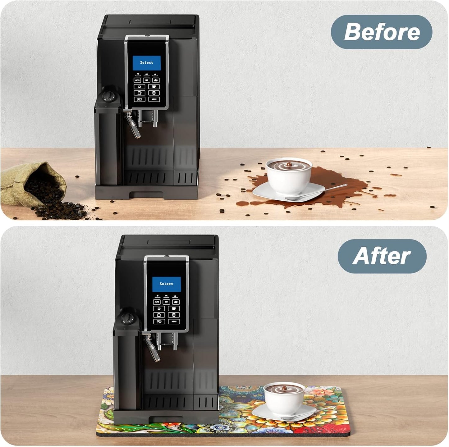 Rnivvi Coffee Mat, 12" x 19" Cute Flower Theme Coffee Bar Mats for Espresso Machine Station Accessories and Organizer, Hide Stain Rubber Backed Absorbent Dish Drying Pad for Kitchen Counter, Mandala