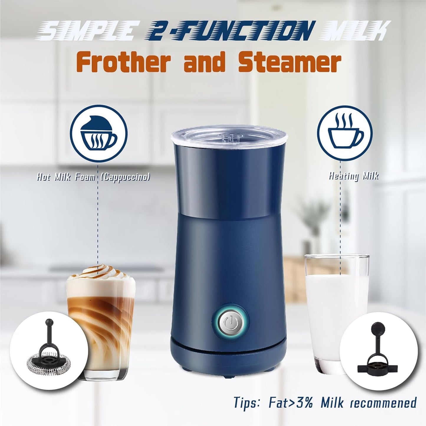 Simple Milk Frother, 2 in 1 Milk Steamer and Frother, Electric Milk Steamer, Milk Warmer and Hot Milk Foam Maker for Latter, Macchiato, Cappuccinos (Blue)