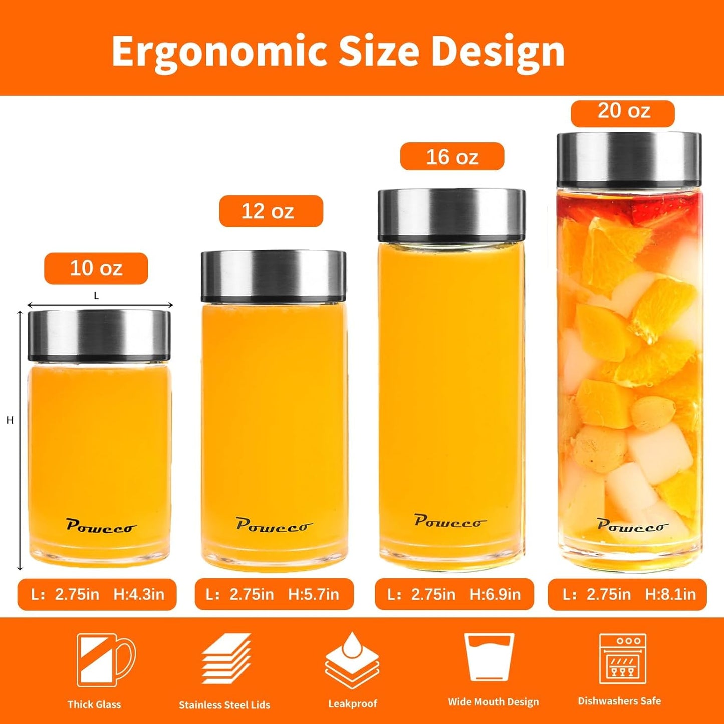 10oz Glass Juice & Water Bottles 4-Pack with Lids- Wide Mouth Reusable Borosilicate Glass- for Juicing, Smoothies, Protein Shakes, Blender & Shaker Bottle- Refillable & Dishwasher Safe(10 oz/300ml)