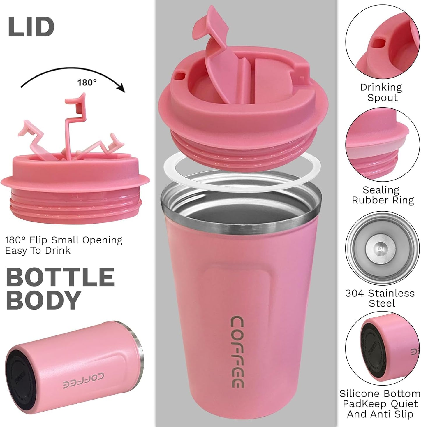 YINBAOGE Insulated Travel Coffee Mug Spill Proof Leak Proof Pobtable To Go Camping Stainless Steel Coffee Tumbler Reusable Coffee Cups with Lids Thermos for Hot and Cold Drink (2nd-Pink, 17 OZ)