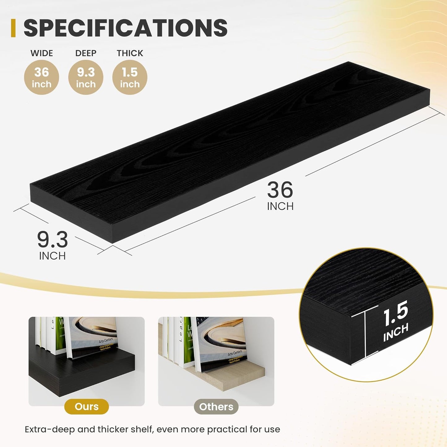 36 Inch Floating Shelves, 9.3" Deep Floating Shelf Wall Mounted, 36" Wall Shelves, Rustic Deep Bookshelf, Large Display Shelves & Storage Shelves for Bedroom, Living Room, Black, Set of 2