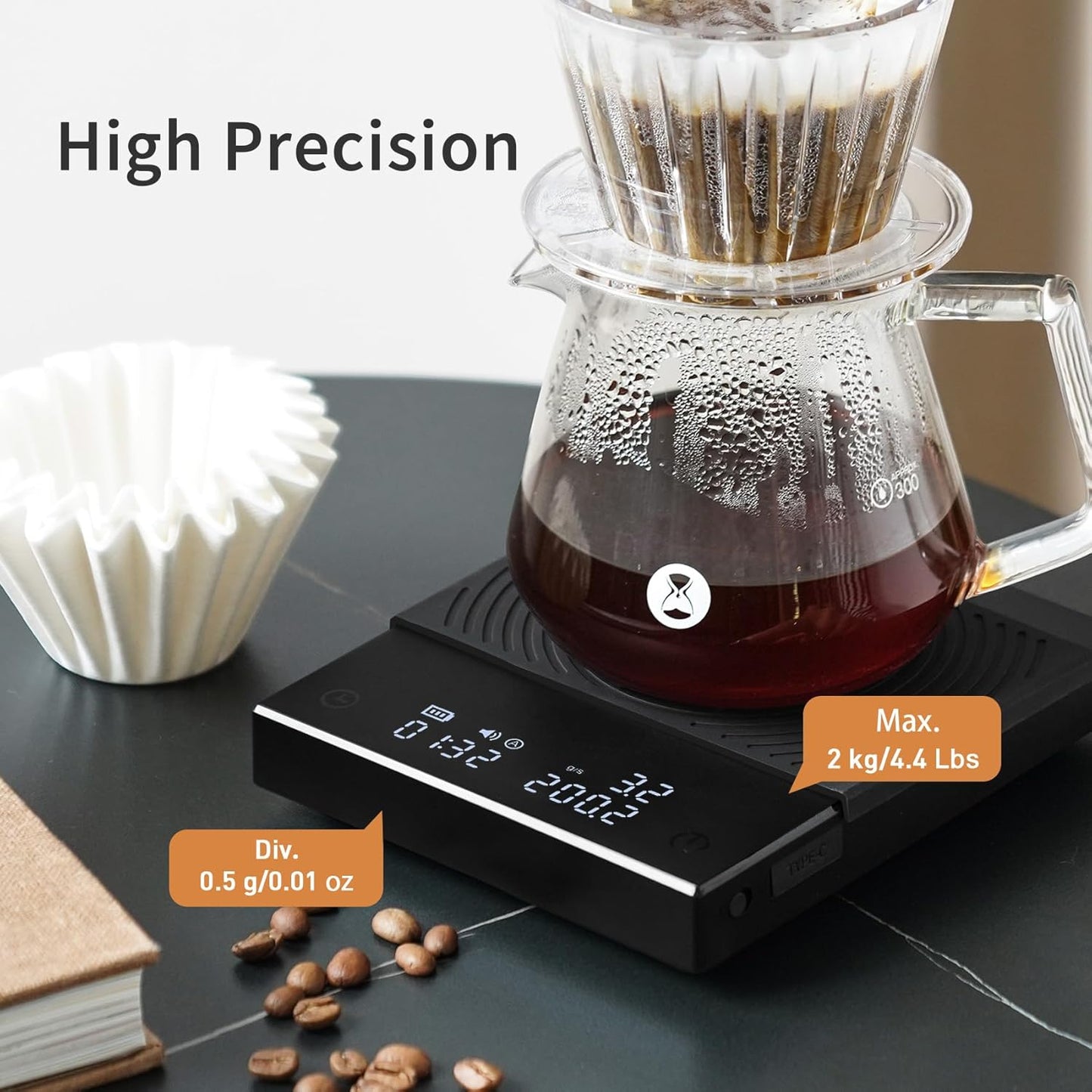 TIMEMORE Coffee Scale Basic 2.0 Electronic Espresso Scale with Water Flow Rate and Timer Function, Free Switching of Ounce/kg Units, Digital Scale for Kitchen/Baking/Cooking, Black