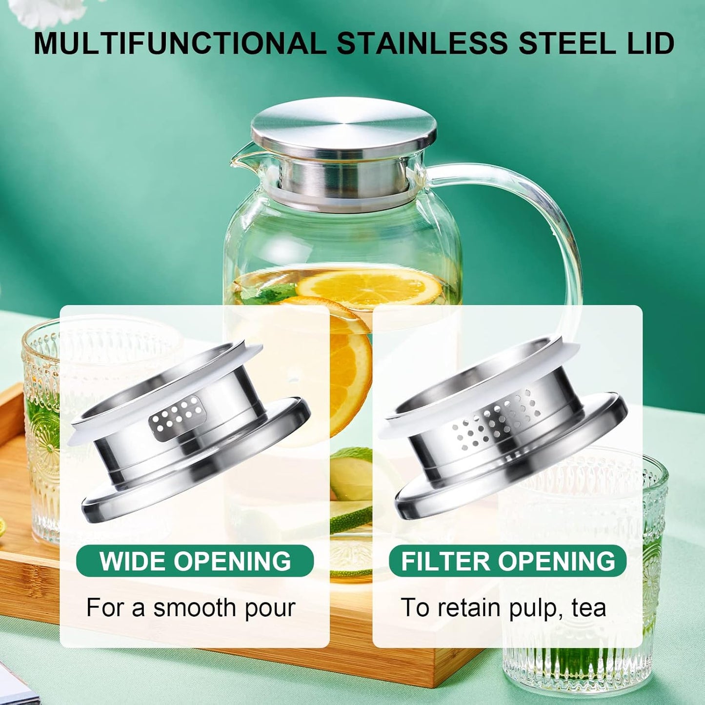 PARACITY Glass Pitcher with Lid, Hot& Cold Glass Water Pitcher with Handle, Iced Tea Pitcher Carafe for Coffee, Juice, Lemonade and Milk 61oz/ 1.8L…