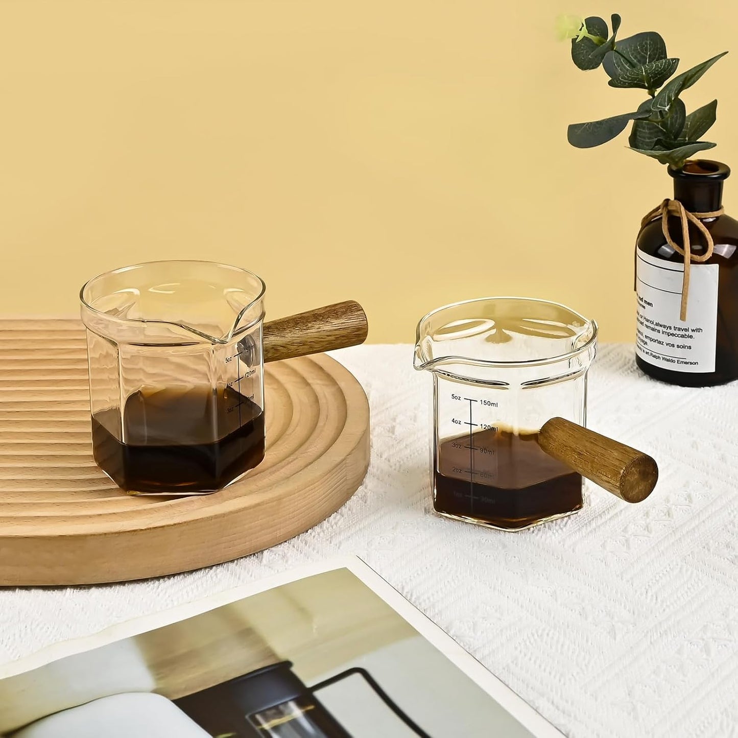 Glass Measuring Cup, 5oz Clear Espresso Shot Glass with Wood Handle, Single Spout Measuring Triple Pitcher Milk Cup for Coffee Tea (Transparent)
