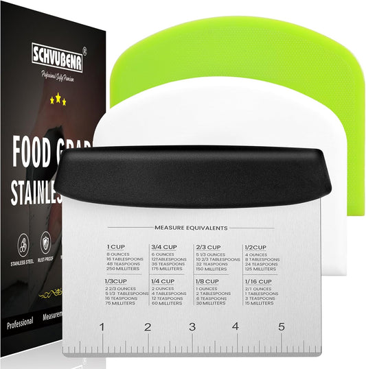 SCHVUBENR Premium Dough Scraper Set with 2 Flexible Bowl Scrapers - Stainless Steel Dough Cutter & Bench Scraper with Measuring Scale - Versatile Kitchen Scraper for Bread, Pastry, Pizza, Cake - Black