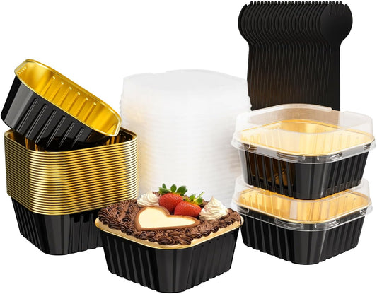 25 Pack Square Mini Cake Pans with Lids,Mini Loaf Pans with Lids,Aluminum Foil Baking Cups,Disposable Ramekins Cupcake Cups,Dessert Cups for Wedding Birthday Party,5oz (Black&Gold)