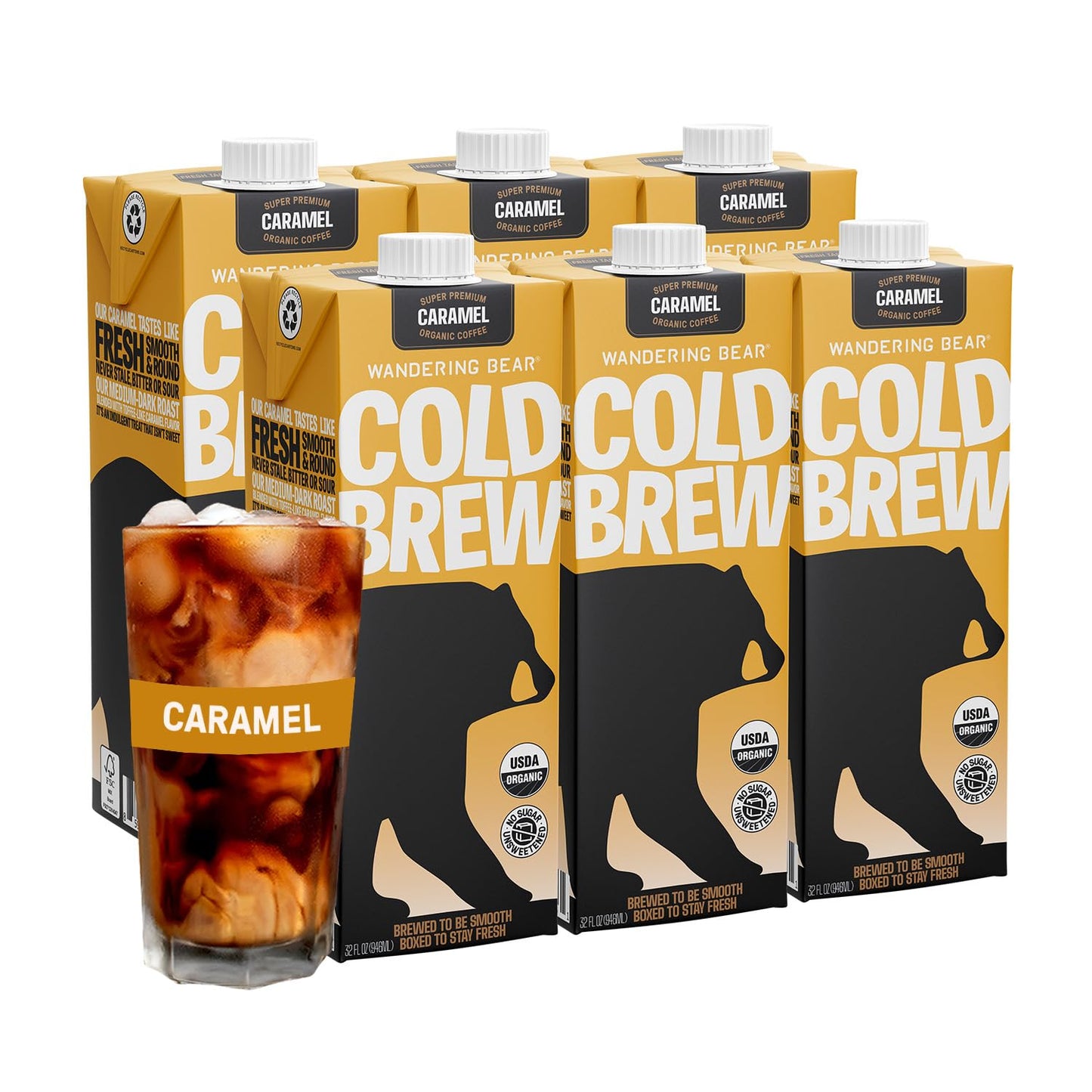 Wandering Bear Organic Caramel Cold Brew Coffee, 32 fl oz, 6 pack - Extra Strong, Bold, Smooth, Unsweetened, Shelf-Stable, Ready to Drink, Gluten Free, & Vegan, Iced Cold Brewed Coffee Drinks