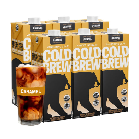 Wandering Bear Organic Caramel Cold Brew Coffee, 32 fl oz, 6 pack - Extra Strong, Bold, Smooth, Unsweetened, Shelf-Stable, Ready to Drink, Gluten Free, & Vegan, Iced Cold Brewed Coffee Drinks