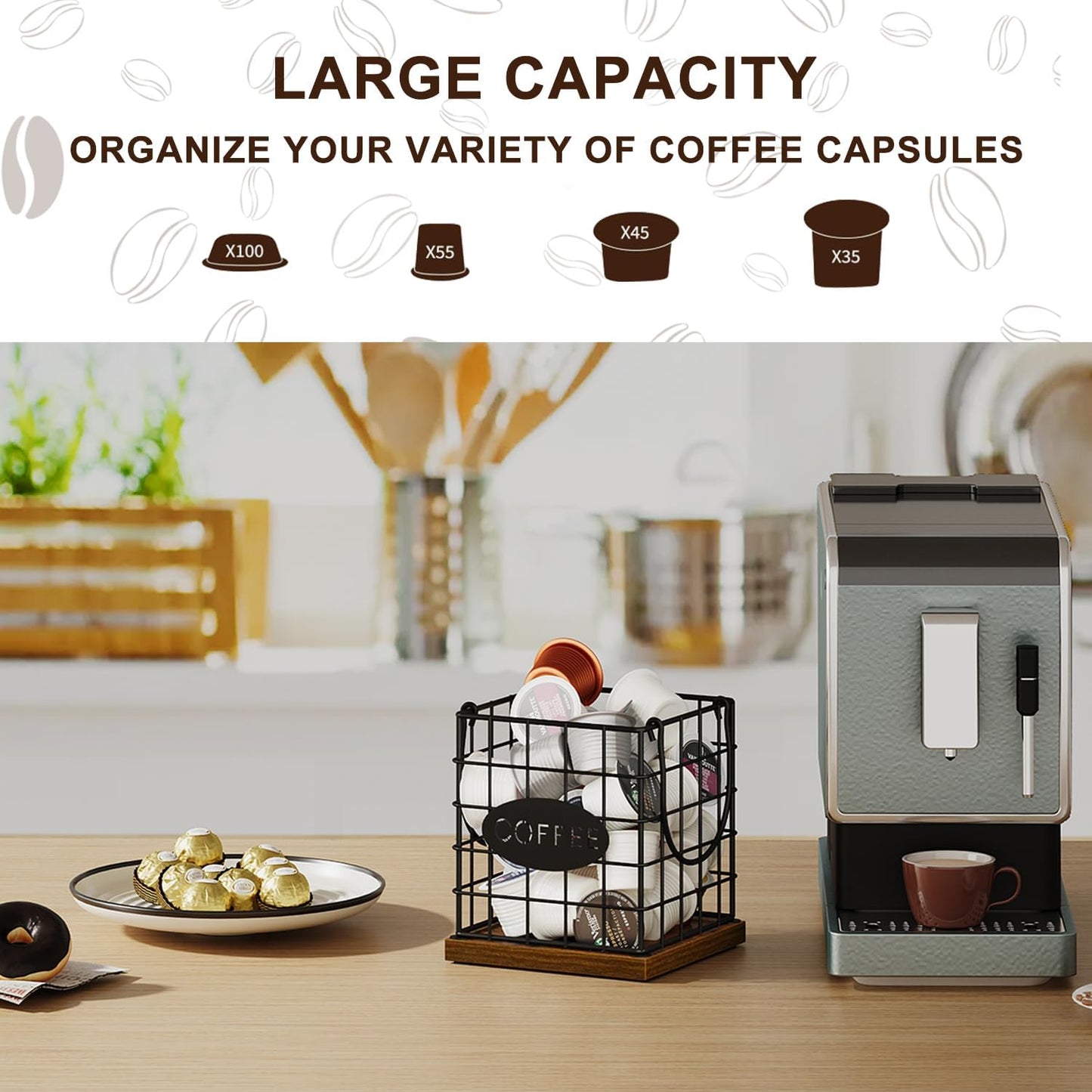 YINMIT K Cup Holder Organizer, Rustic Coffee Pod Holder Organizer, 35 Kcup Holder for Counter with Handle，Large Capacity Black Wire Coffee Capsule Basket for Kitchen Office Desktop (Square Grid)