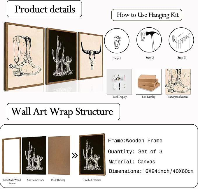 Vintage Western Wall Art Set of 3, Southwestern Cowboy Wall Decor Paintings - Image 2