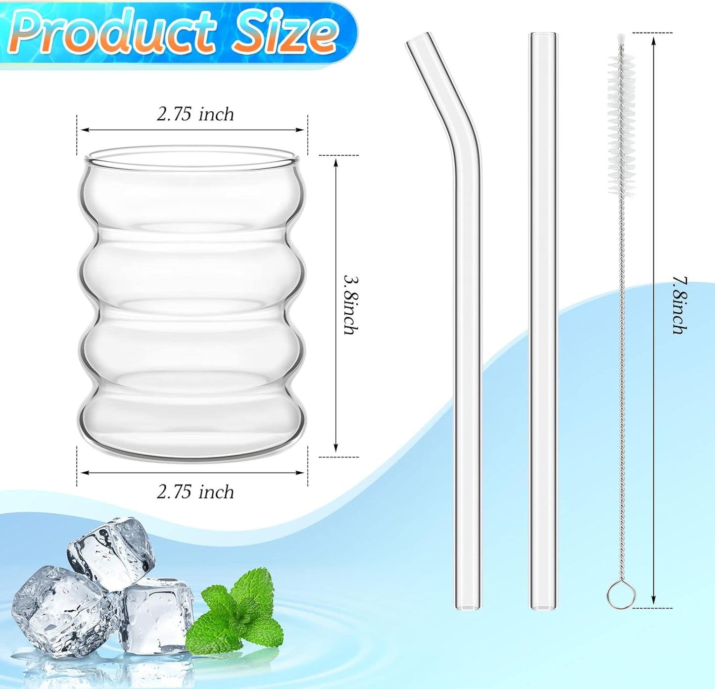 Tessco for you 4 Pcs Creative Glass Cups Vintage Drinking Glasses Ribbed Glassware Aesthetic Cup Entertainment Dinnerware Glassware with Straws Set for Kitchen Coffee Beverage(13.5 oz,Clear)