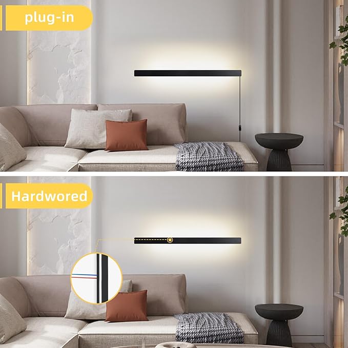 KELUOLY Modern Plug in Wall Lights, 31.4 inch Frosted Black LED Long Wall Sconce - Image 3