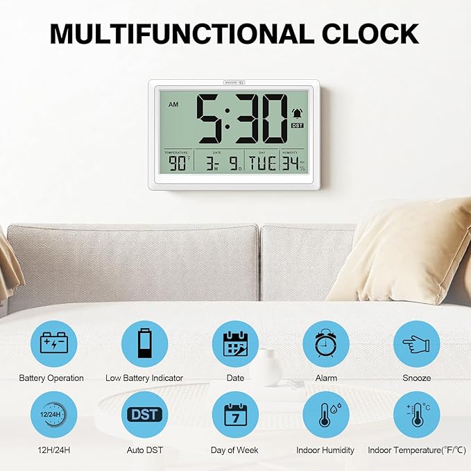 XREXS 10.4 Inch Digital Wall Clock, Battery Operated Large Display Clock - Image 2