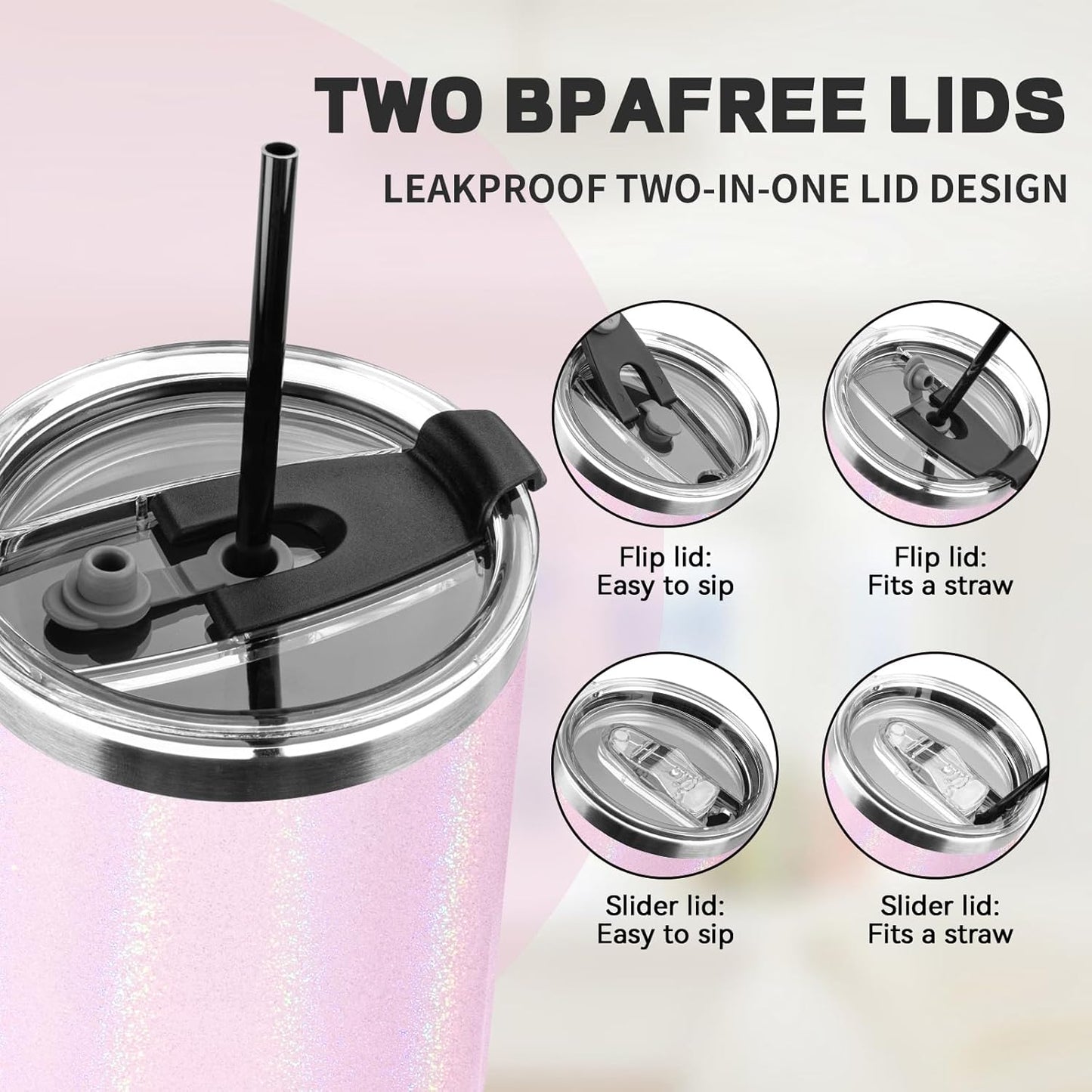 40 oz Tumbler with Lids and Straws, Stainless Steel Insulated Coffee Tumbler, Double Wall Vacuum Insulated Travel Mug Cup, Leakproof Thermal Coffee Cup for Hot and Cold Drinks (Glitter Pink)