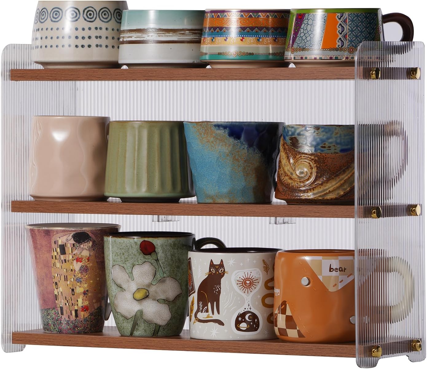 Coffee Mug Holder Wooden Cup Station Organizer 3-Tier Cup Holder for Coffee Bar Mug Display Rack for Countertop Mug Holder Shelf for Home Kitchen Nut Brown