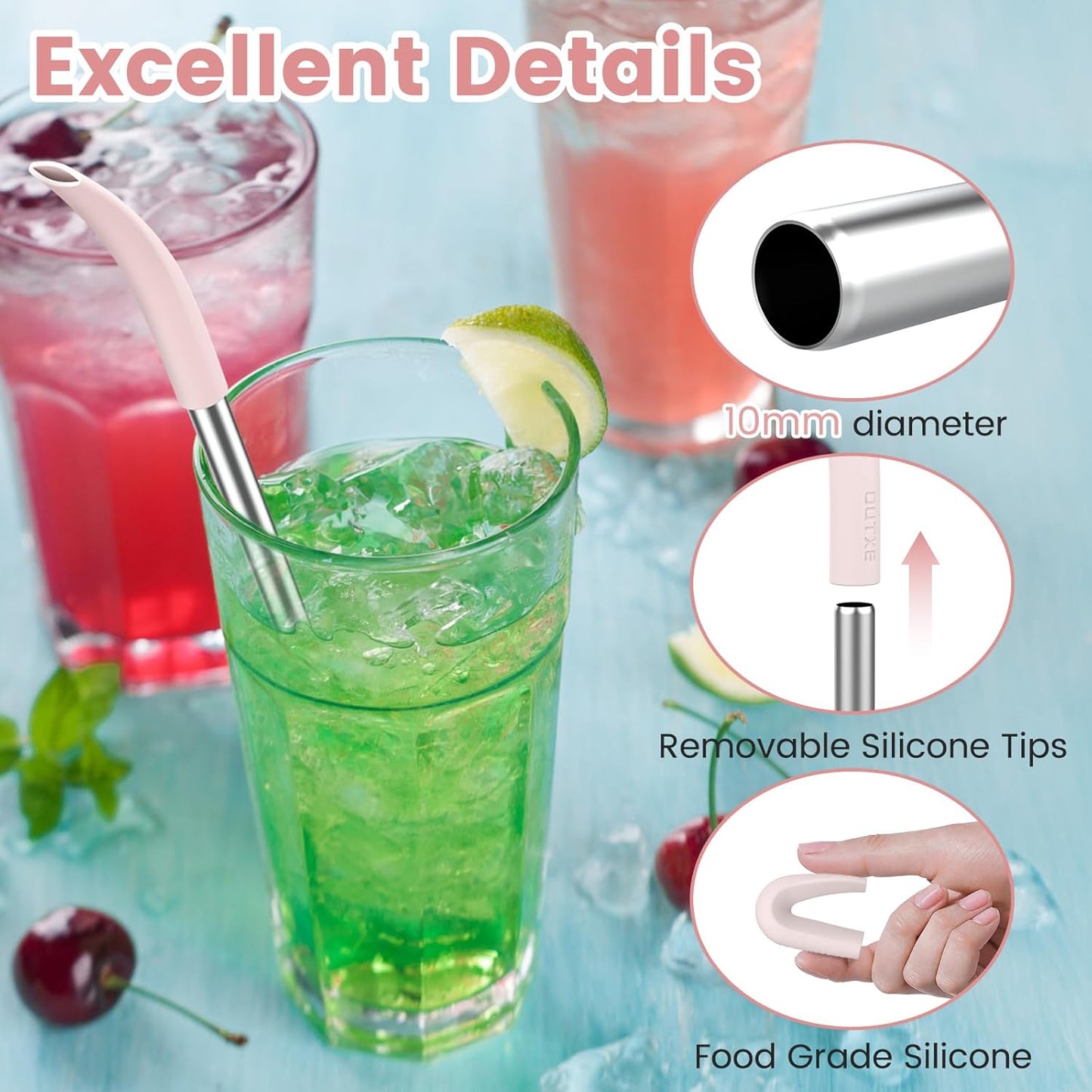 OUTXE Anti Wrinkle Straw 6 Pcs, Flat Wide Drinking Straw for Stanley Cup 40 oz 30 oz, Reusable Wrinkle Free Long Stainless Steel Metal Straw for Lip with Cleaning Brush and Carrying Bag