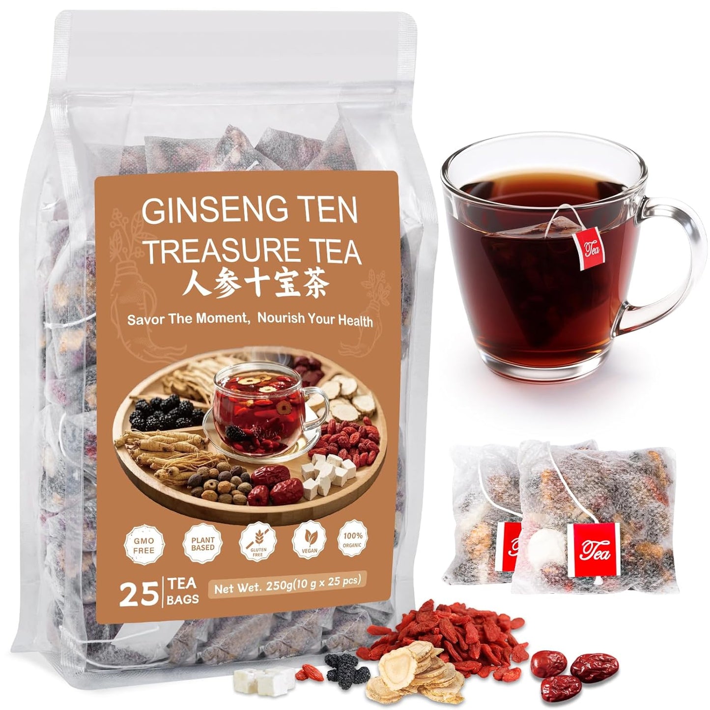 Kidney Tea Formula Ginseng Six Treasure Tea, Ginseng Five Treasure Cleanse Detox Teabag, 10 Precious Ingredients Formula Support Kidney and Live Health for Men Women (25 Bags/1 Pack)