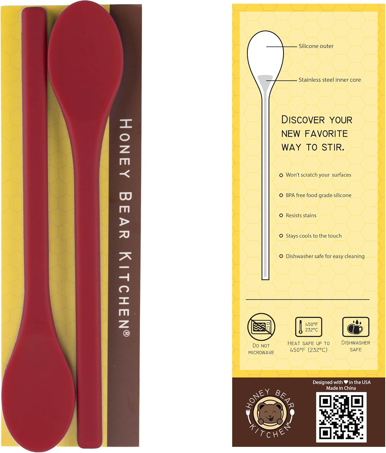 Honey Bear Kitchen Silicone Stirring Spoon (Set of 2, Super Scarlet) for Coffee & Tea